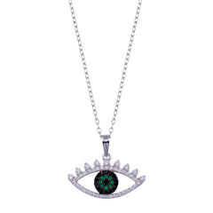 Sterling Silver Rhodium Plated Clear Green CZ Evil Eye Necklace
