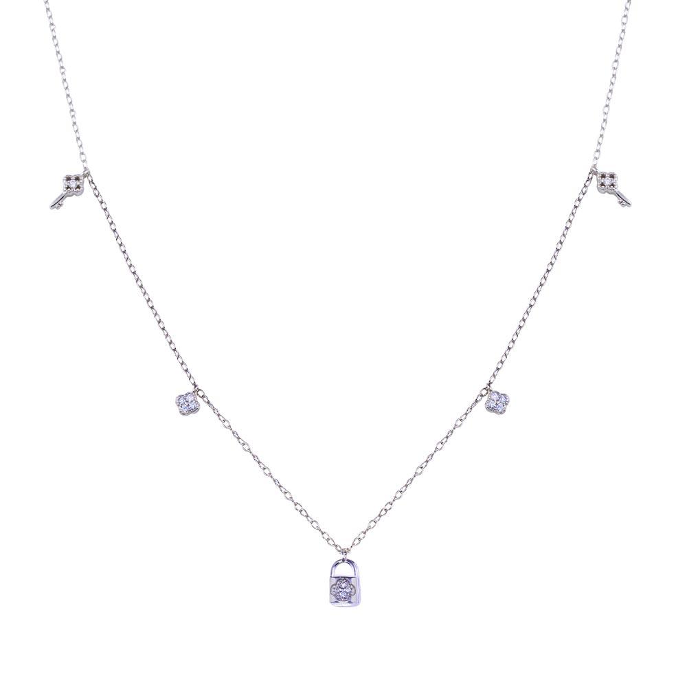 Sterling Silver Rhodium Plated Clear CZ Lock and Key Necklace