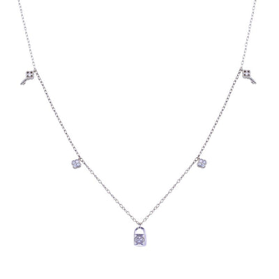 Sterling Silver Rhodium Plated Clear CZ Lock and Key Necklace