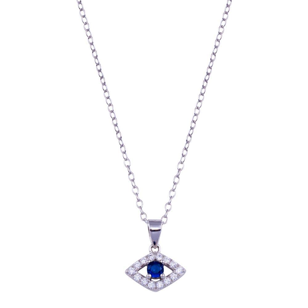 Sterling Silver Rhodium Plated Clear and Blue CZ Evil Eye Necklace