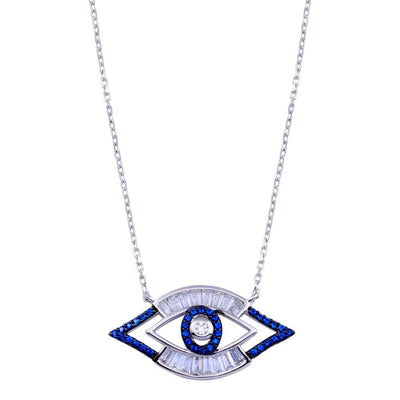 Sterling Silver Rhodium Plated Clear Blue CZ Evil Eye Necklace