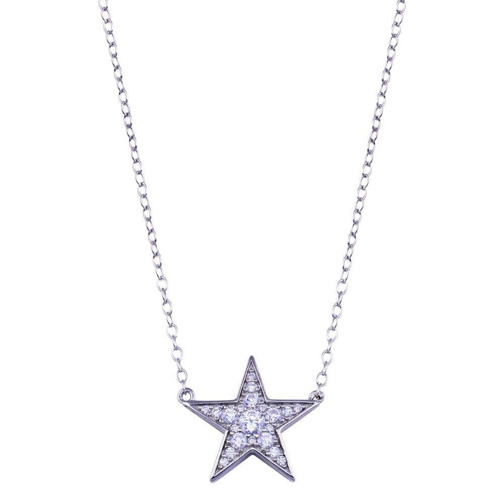 Sterling Silver Rhodium Plated Clear CZ Star Necklace