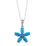Sterling Silver Rhodium Plated Turquoise Flower and Purple CZ Necklace