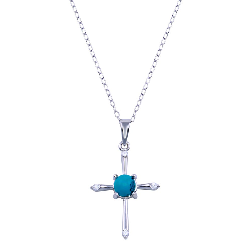 Sterling Silver Rhodium Plated Cross Turquoise CZ Necklace