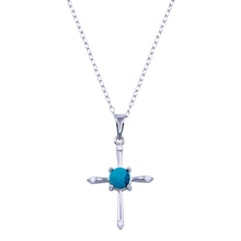 Load image into Gallery viewer, Sterling Silver Rhodium Plated Cross Turquoise CZ Necklace