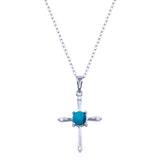 Sterling Silver Rhodium Plated Cross Turquoise CZ Necklace