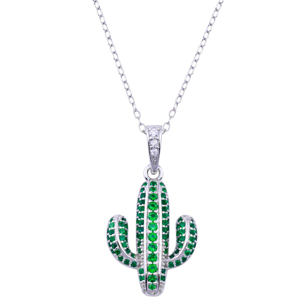 Sterling Silver Rhodium Plated Cactus Green CZ Necklace