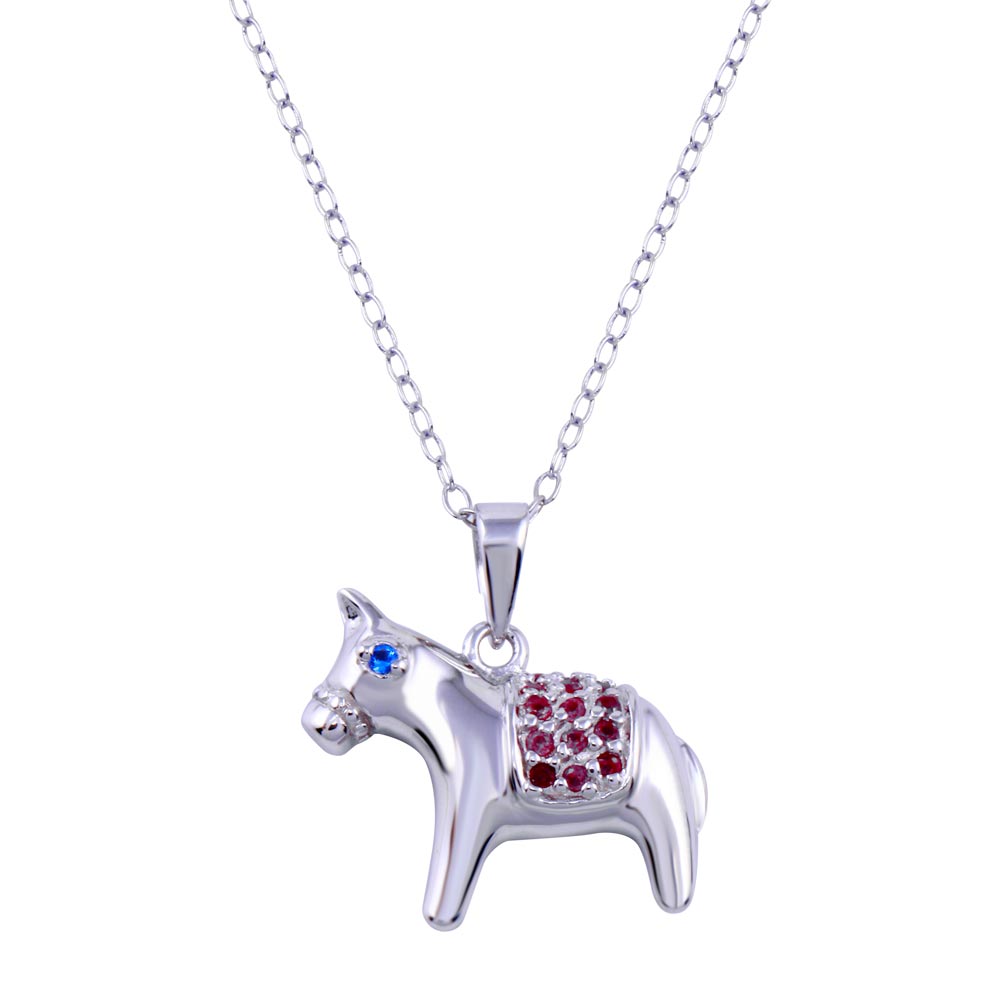 Sterling Silver Rhodium Plated Donkey Red And Blue CZ Necklace