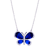 Sterling Silver Rhodium Plated Butterfly Clear And Blue CZ Necklace