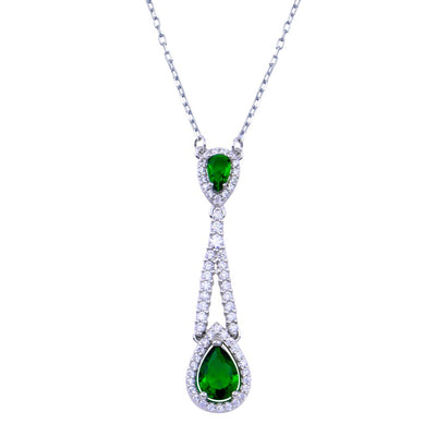 Sterling Silver Rhodium Plated Teardrop Green CZ Necklace