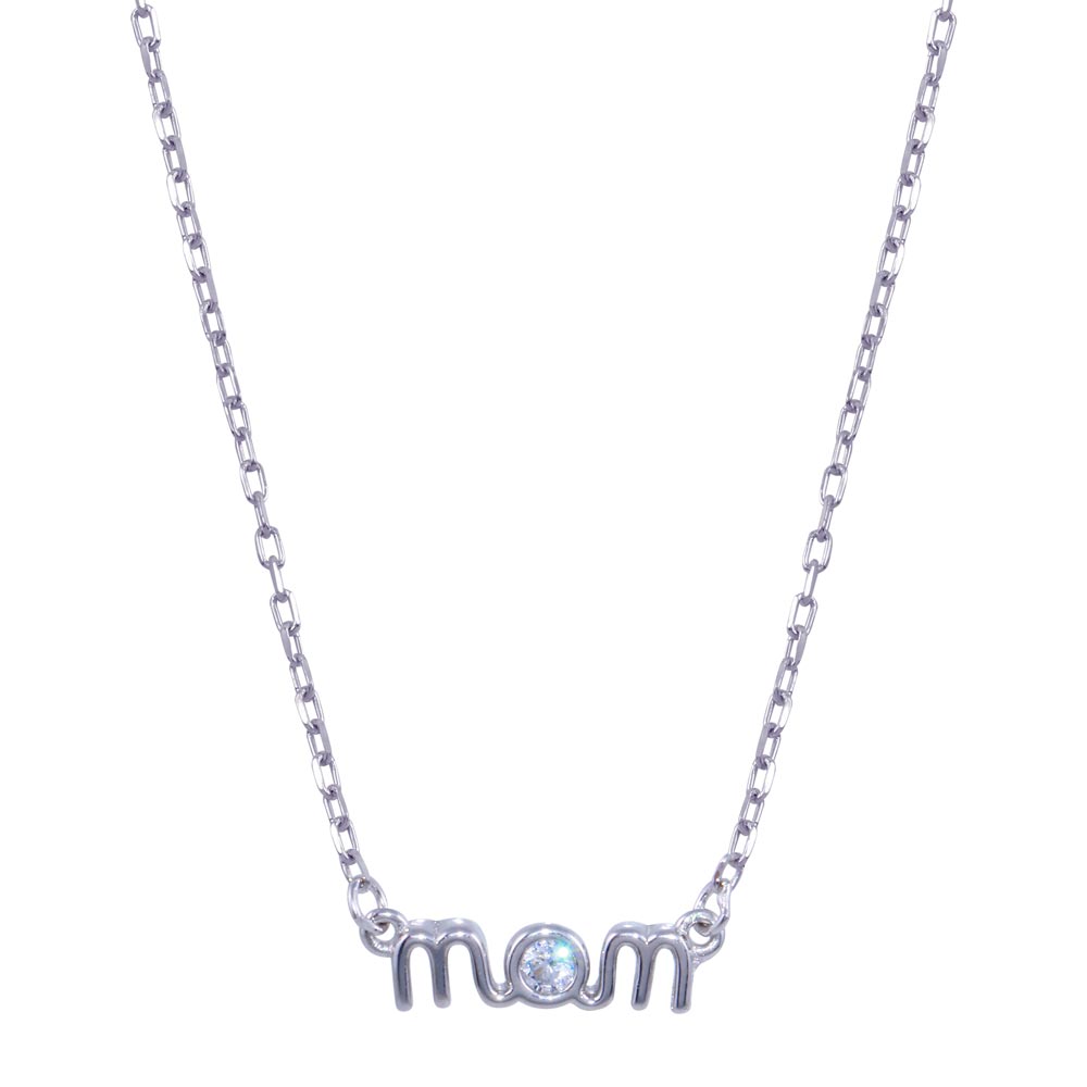 Sterling Silver Rhodium Plated Mom Clear CZ Necklace