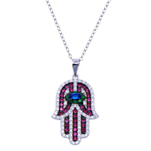 Load image into Gallery viewer, Sterling Silver Rhodium Plated Hamsa Multicolor CZ Necklace