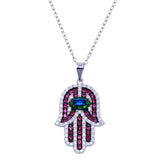 Sterling Silver Rhodium Plated Hamsa Multicolor CZ Necklace