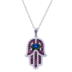 Sterling Silver Rhodium Plated Hamsa Multicolor CZ Necklace