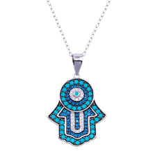 Load image into Gallery viewer, Sterling Silver Rhodium Plated Turquoise Hamsa Clear And Blue CZ Necklace