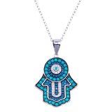 Sterling Silver Rhodium Plated Turquoise Hamsa Clear And Blue CZ Necklace