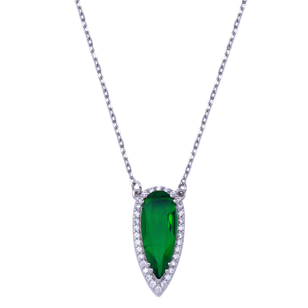 Sterling Silver Rhodium Plated Teardrop Green And Clear CZ Necklace
