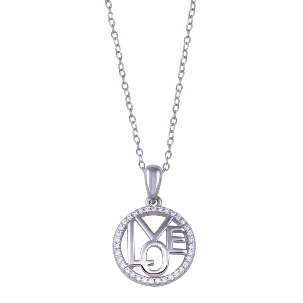 Sterling Silver Rhodium Plated Round Love Clear CZ Necklace