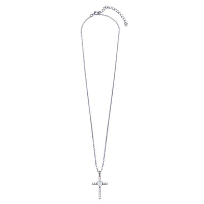 Sterling Silver Rhodium Plated Cross Heart Opal Clear CZ Necklace