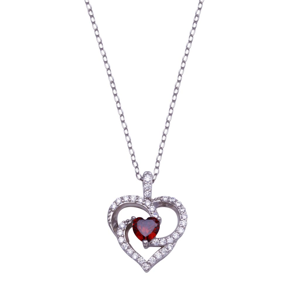 Sterling Silver Rhodium Plated Clear and Red Heart Necklace