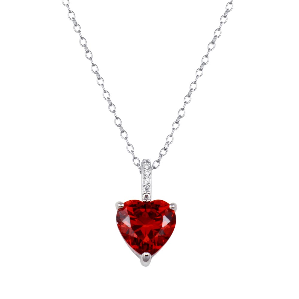 Sterling Silver Rhodium Plated Red Heart CZ Necklace