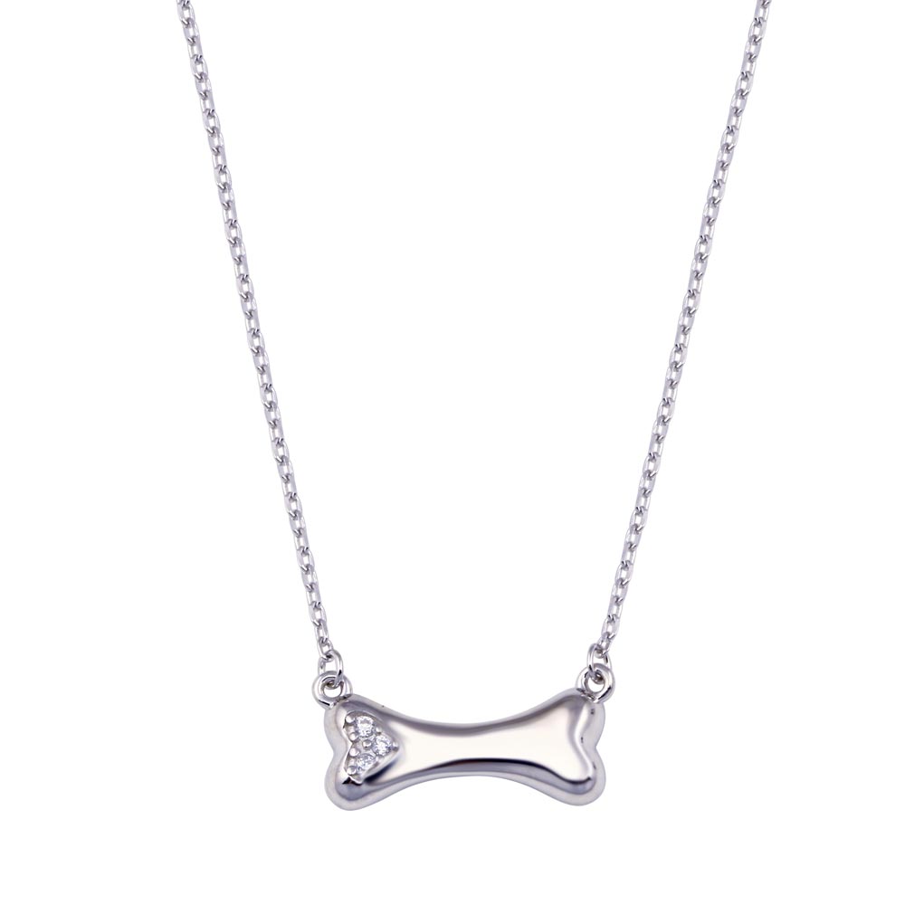 Sterling Silver Rhodium Plated Dog Bone CZ Necklace