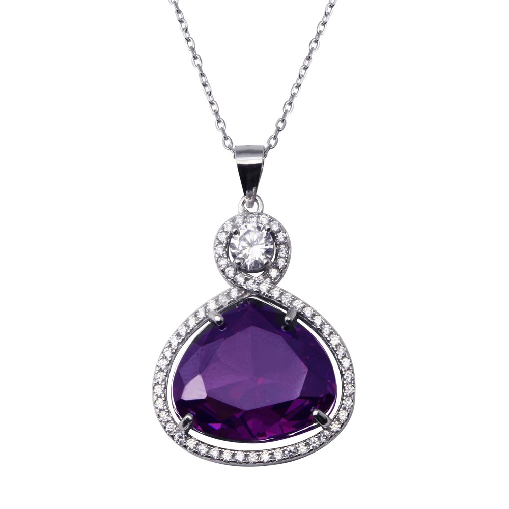 Sterling Silver Rhodium Plated Wide Teardrop Amethyst Clear CZ Adjustable Necklace