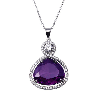 Sterling Silver Rhodium Plated Wide Teardrop Amethyst Clear CZ Adjustable Necklace