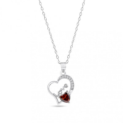 Sterling Silver Rhodium Plated Love Heart Clera And Red CZ Adjustable Necklace
