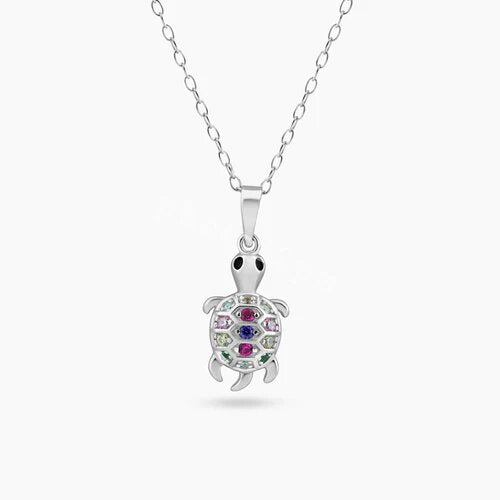 Sterling Silver Rhodium Plated Clear Multi Color CZ Turtle Pendant Necklace