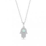 Sterling Silver Rhodium Plated Hamsa Opal And Clear CZ Adjustable Necklace