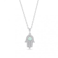 Sterling Silver Rhodium Plated Hamsa Opal And Clear CZ Adjustable Necklace