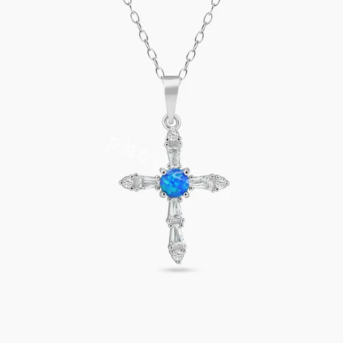 Sterling Silver Rhodium Plated Blue Synthetic Opal Cross Necklace
