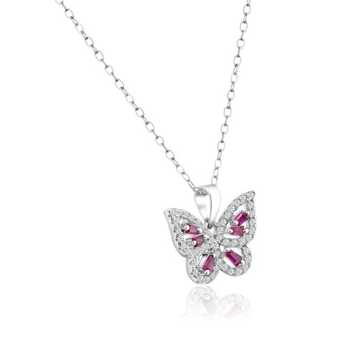 Sterling Silver Rhodium Plated Clear and Red CZ Butterfly Pendant Necklace