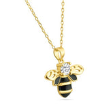 Sterling Silver Gold Plated Clear and Black Enamel Bee Pendant Necklace