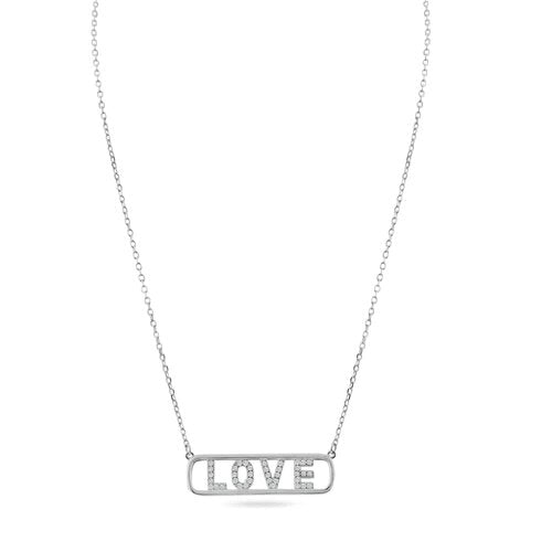 Sterling Silver Rhodium Plated Clear Love Pendant Necklace