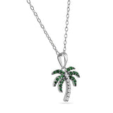 Sterling Silver Rhodium Plated Green and Palm Tree Pendant Necklace