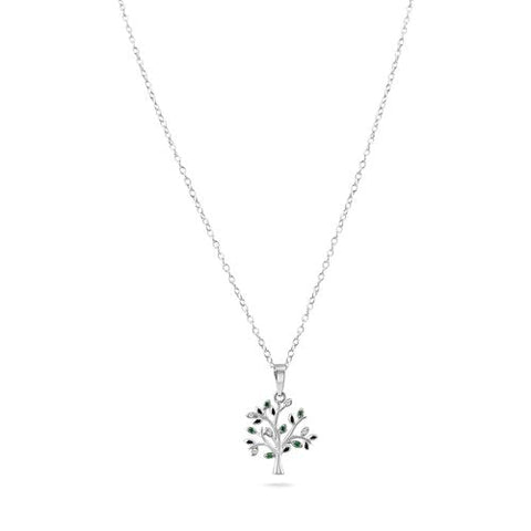 Sterling Silver Rhodium Plated Green and Clear Tree Pendant Necklace