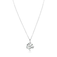 Sterling Silver Rhodium Plated Green and Clear Tree Pendant Necklace