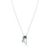 Sterling Silver Rhodium Plated Green and Clear Two Palm Tree Pendant Necklace