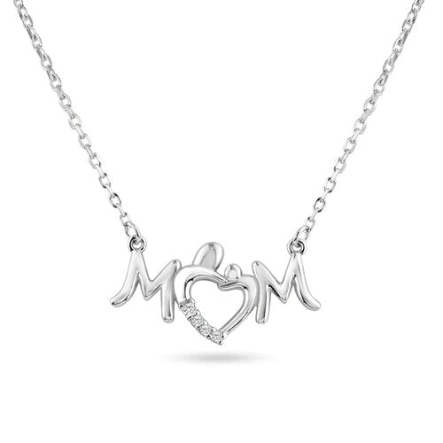 Sterling Silver Rhodium Plated Mom Heart Clear CZ Pendant Necklace