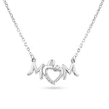 Sterling Silver Rhodium Plated Mom Heart Clear CZ Pendant Necklace