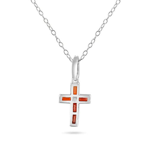 Sterling Silver Rhodium Plated Cross Red CZ Pendant Necklace