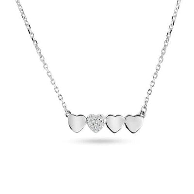 Sterling Silver Rhodium Plated Hearts Bar Clear CZ Pendant Necklace