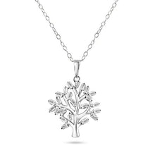 Load image into Gallery viewer, Sterling Silver Rhodium Plated Tree of Life Clear CZ Baguette Pendant Necklace