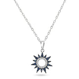 Sterling Silver Rhodium Plated Sun Blue and Clear CZ Pendant Necklace