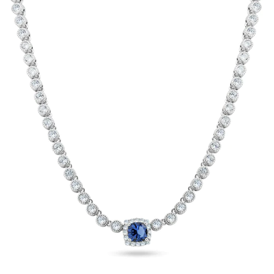 Sterling Silver Rhodium Plated Bubble Tennis CZ Blue Center Stone Necklace