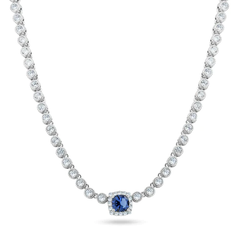 Sterling Silver Rhodium Plated Bubble Tennis CZ Blue Center Stone Necklace