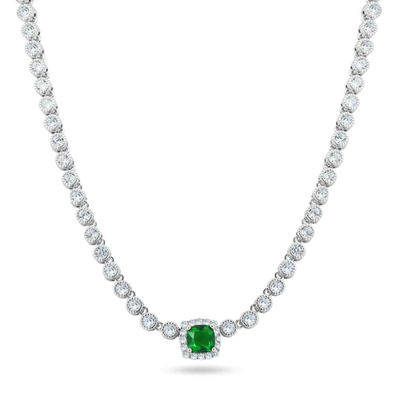 Sterling Silver Rhodium Plated Bubble Tennis CZ Green Center Stone Necklace
