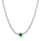 Sterling Silver Rhodium Plated Bubble Tennis CZ Green Center Stone Necklace